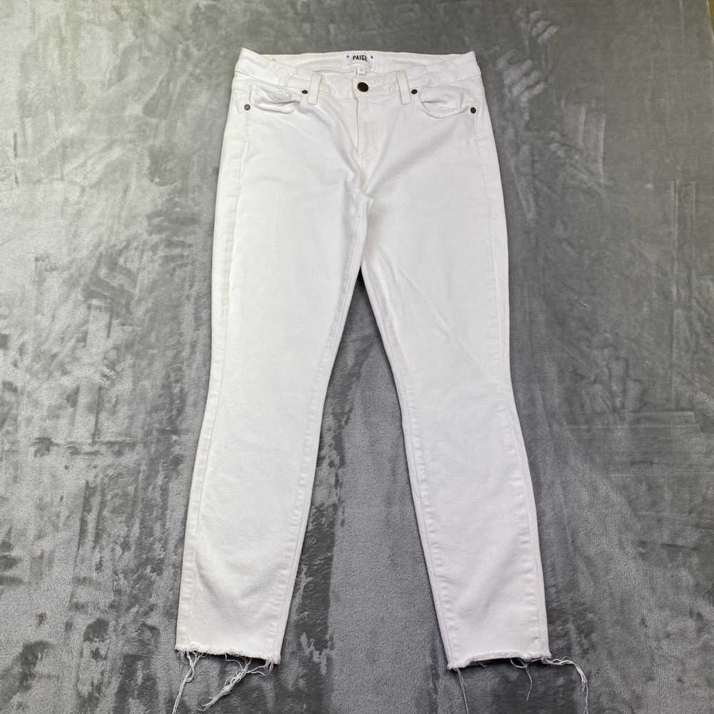 PAIGE Verdugo Ankle White Jeans Women Raw Hem Cropped Stretch Denim 30 Fits 29"